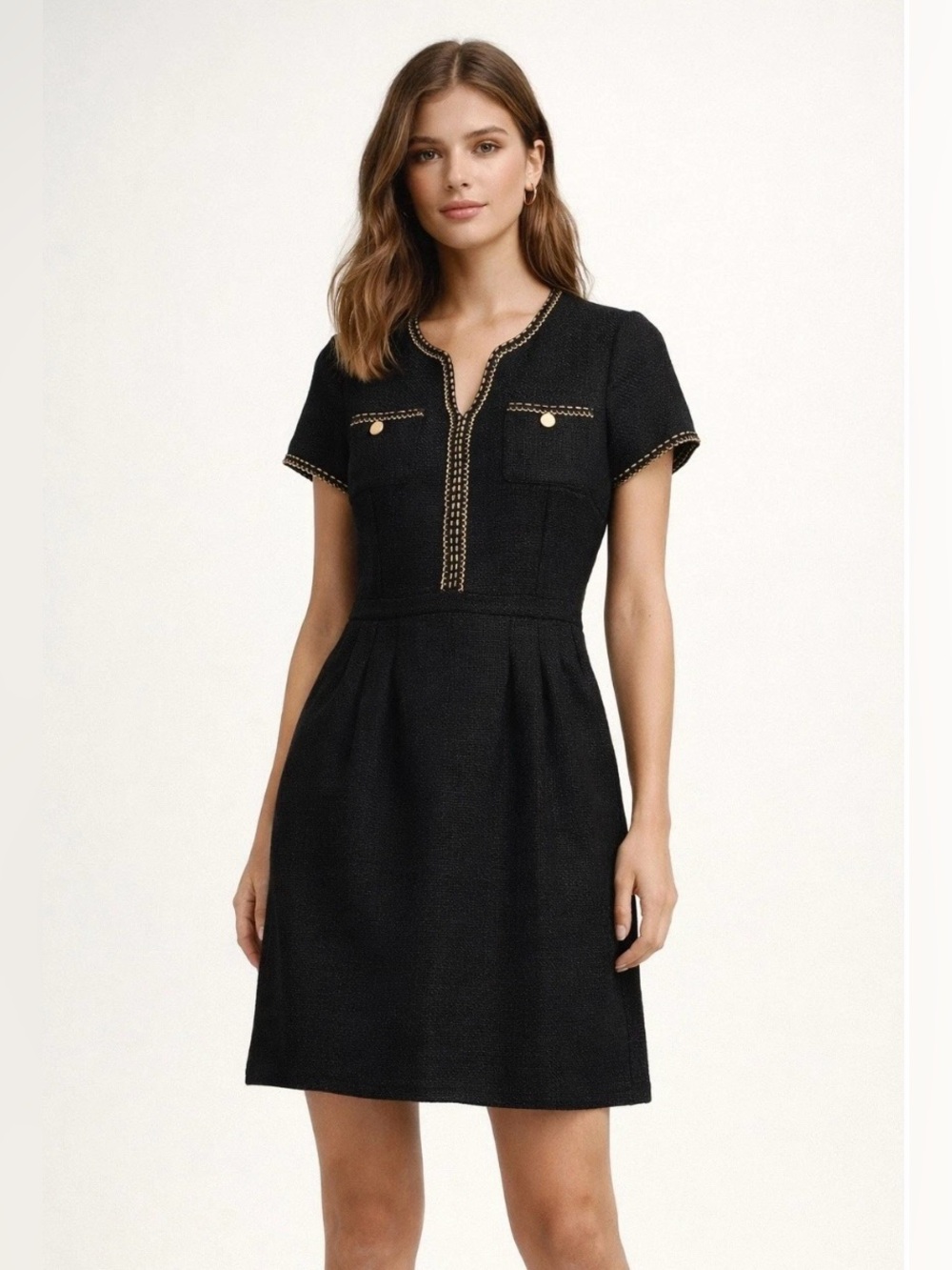 Tahari Women ASL Black Tweed Gold Detail Dress Luxury Parisian Chic Size 6 NWT